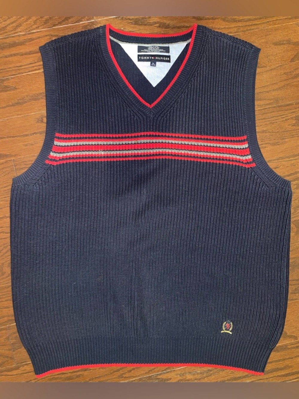 Tommy Hilfiger Men's Navy V-Neck Sweater Vest with Stripes cotton, men’s XL